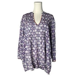 Roller Rabbit Blue Geometric Print Beaded Trim Top Blouse Vacation Resortwear